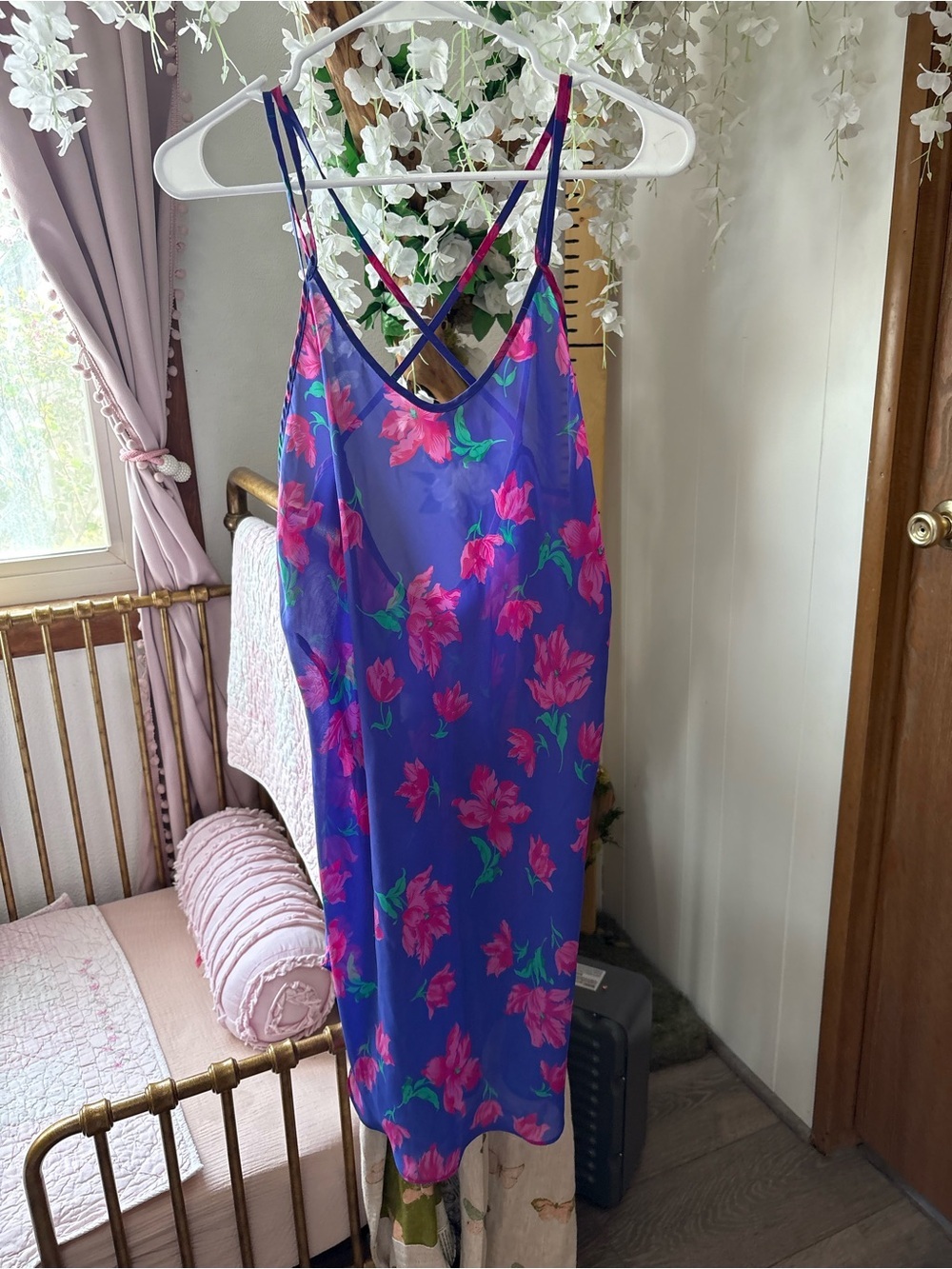 Barbizon vintage Purple Floral Slip Dress with Pink & Green Blooms